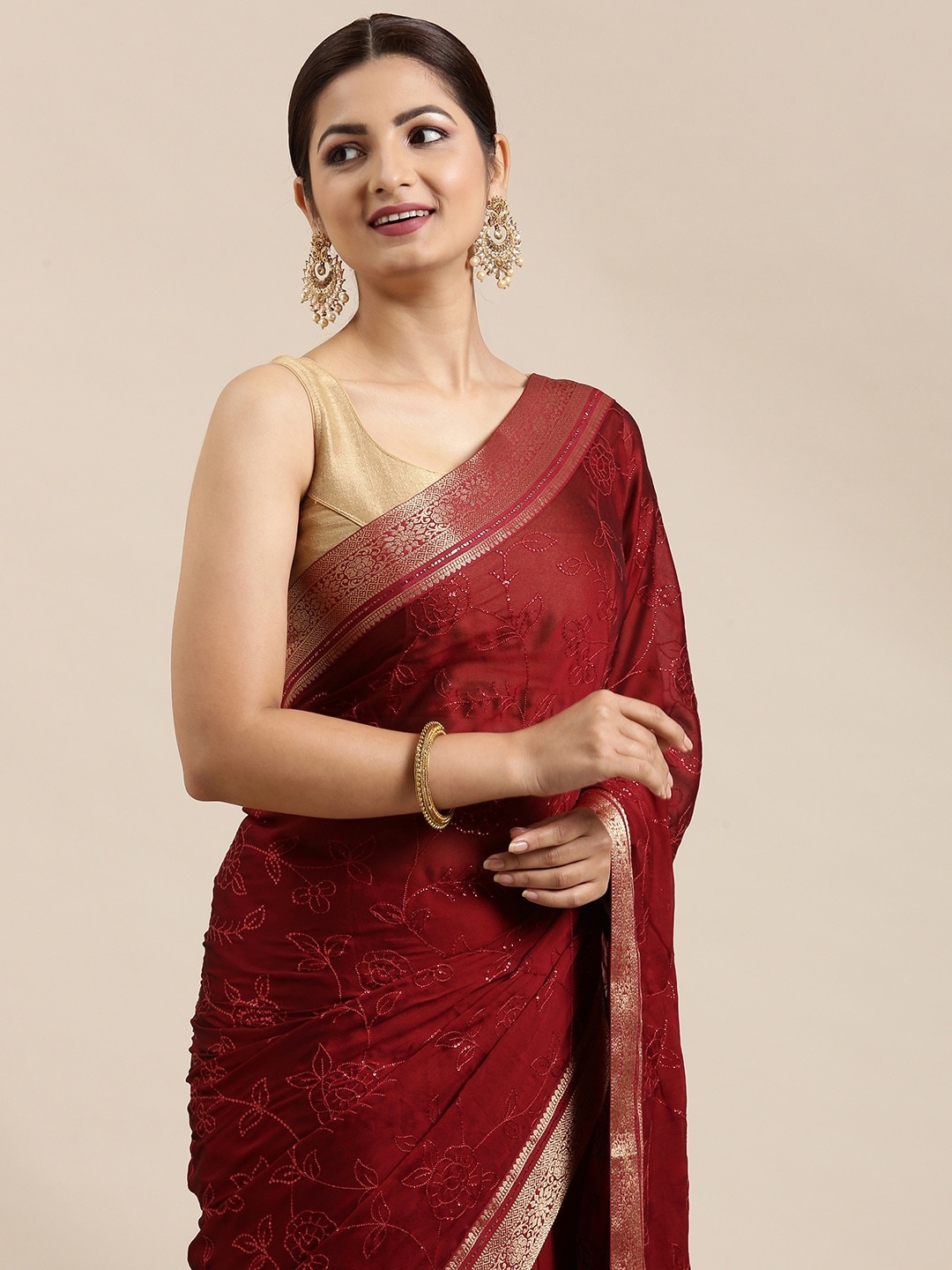 

Pothys Red Floral Sequinned Pure Chiffon Saree