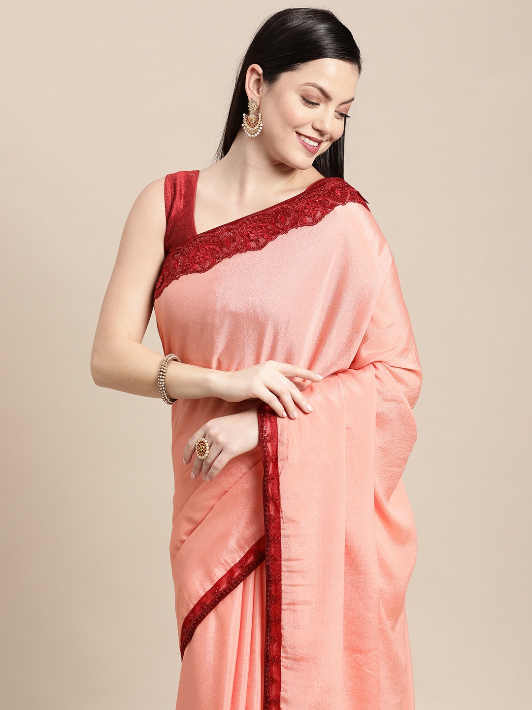 

Pothys Pink Sequinned Embellished Pure Chiffon Saree