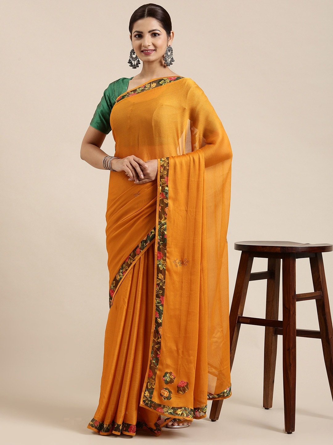 

Pothys Mustard Floral Sequinned Pure Chiffon Saree