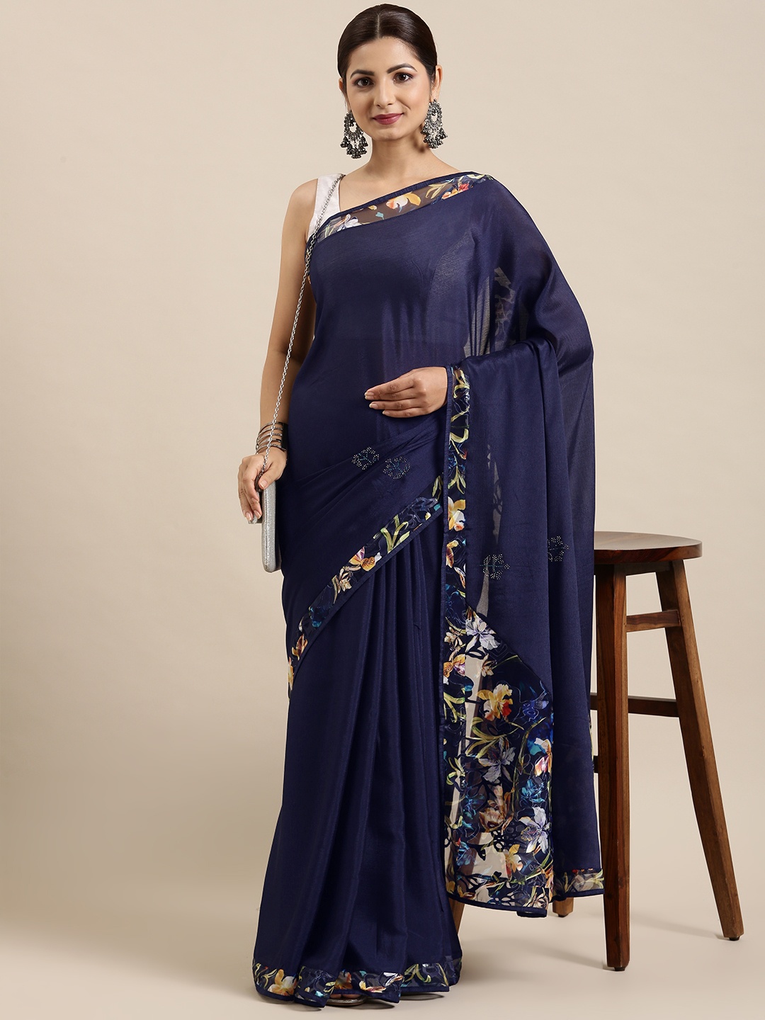 

Pothys Navy Blue Floral Sequinned Pure Chiffon Saree