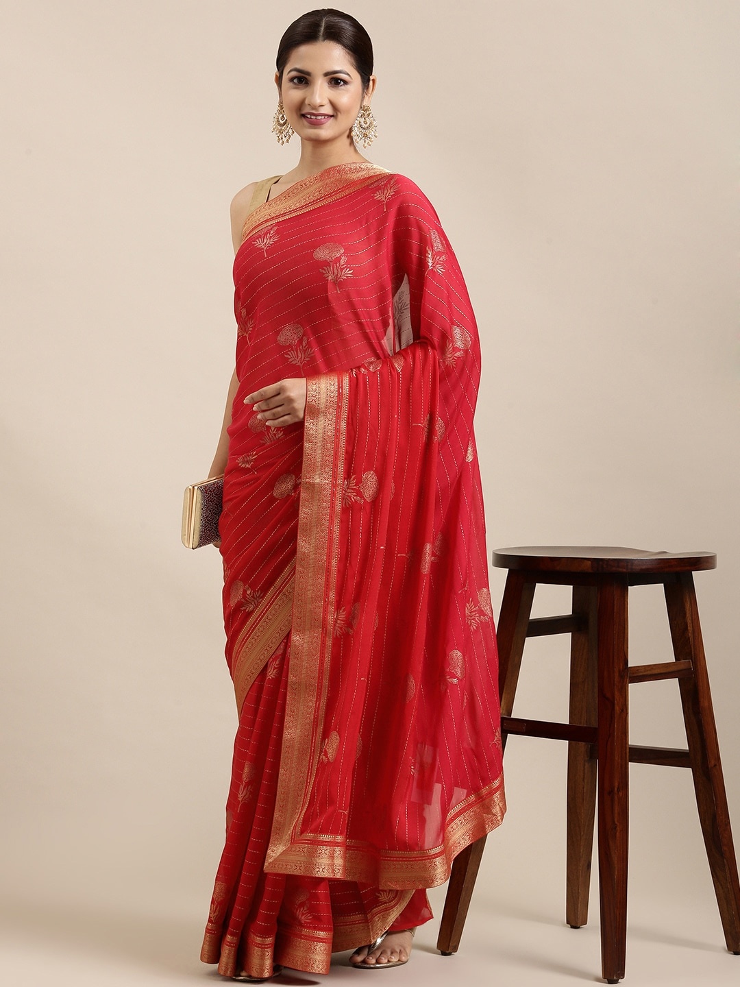 

Pothys Red Floral Zari Pure Chiffon Saree