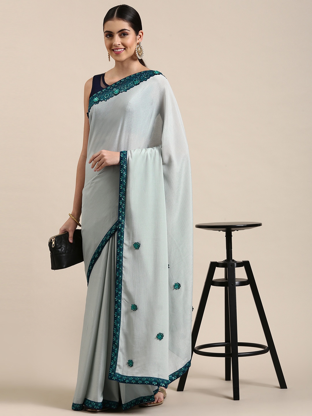 

Pothys Grey Floral Embroidered Pure Chiffon Saree