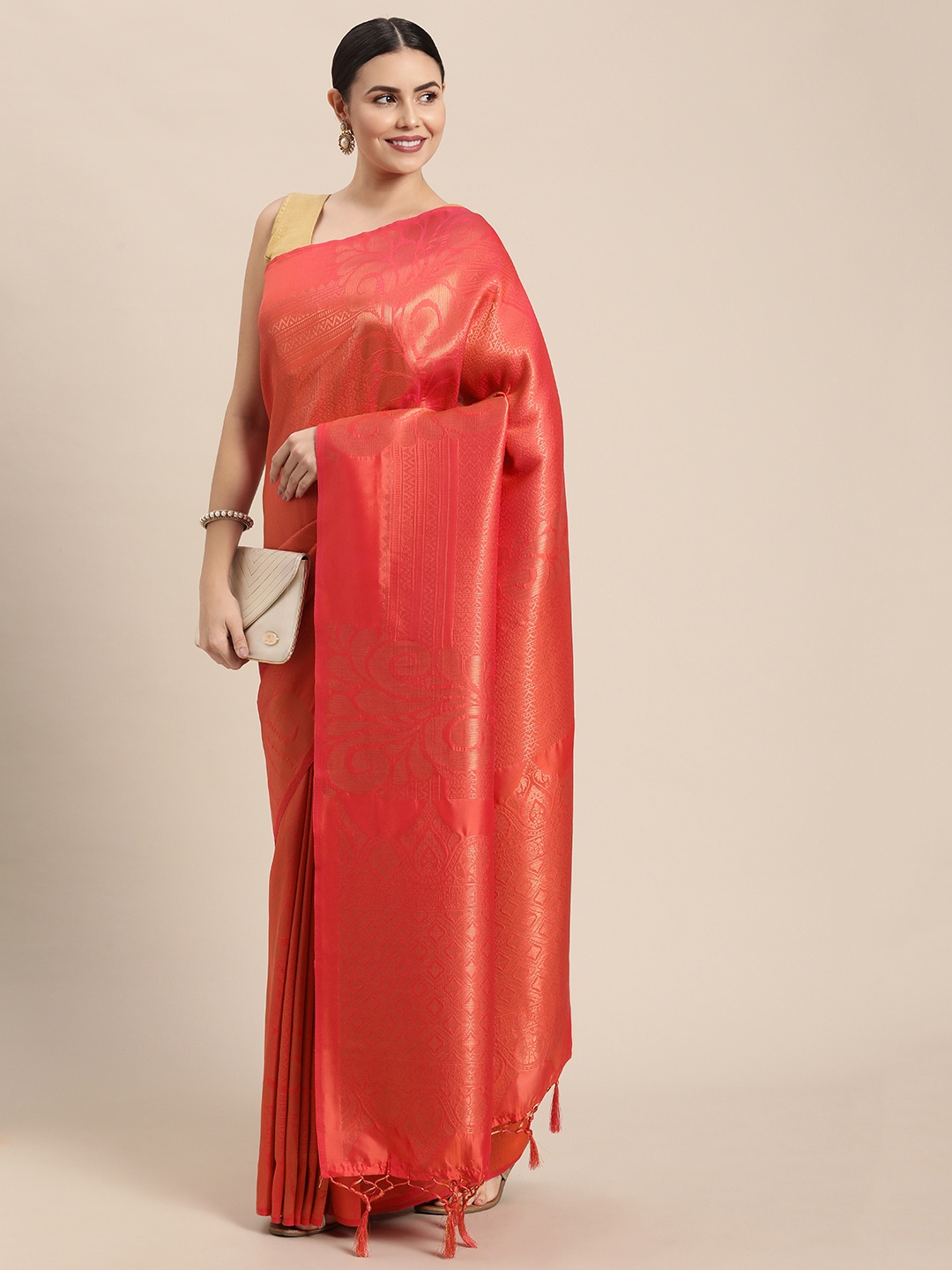

Pothys Coral Pink & Golden Woven Design Banarasi Saree