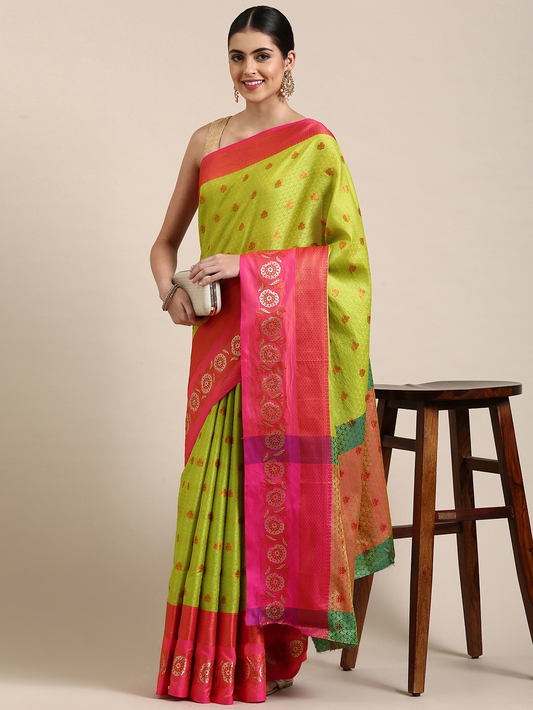 

Pothys Green & Pink Ethnic Motifs Jute Silk Saree