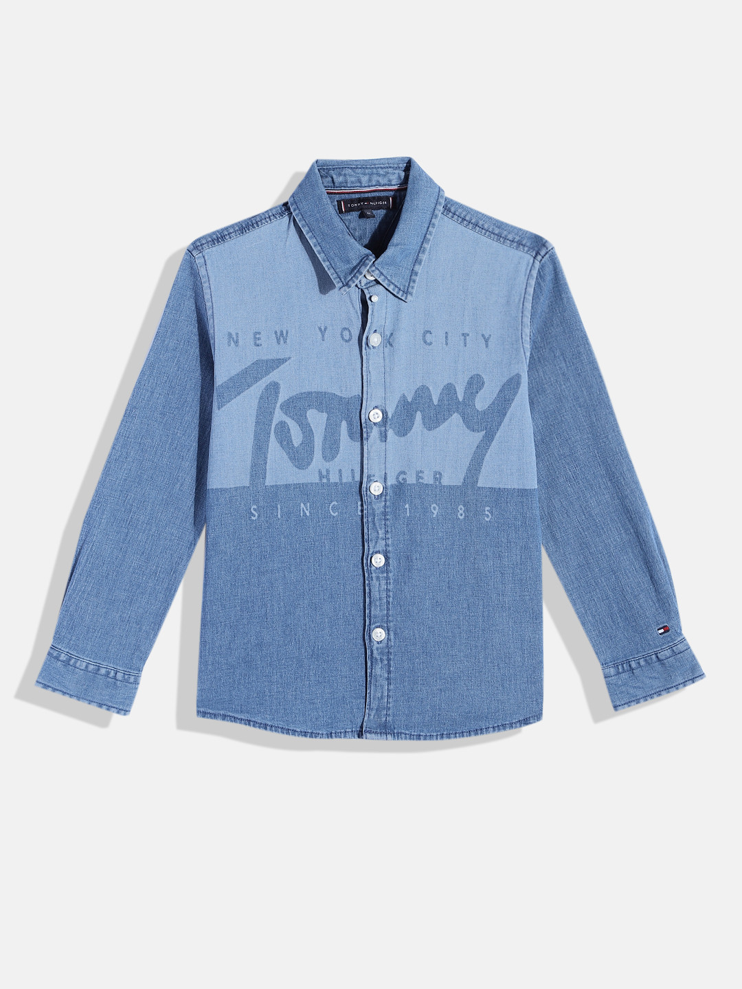 

Tommy Hilfiger Boys Brand Logo AI Lasered Print Denim Shirt, Blue