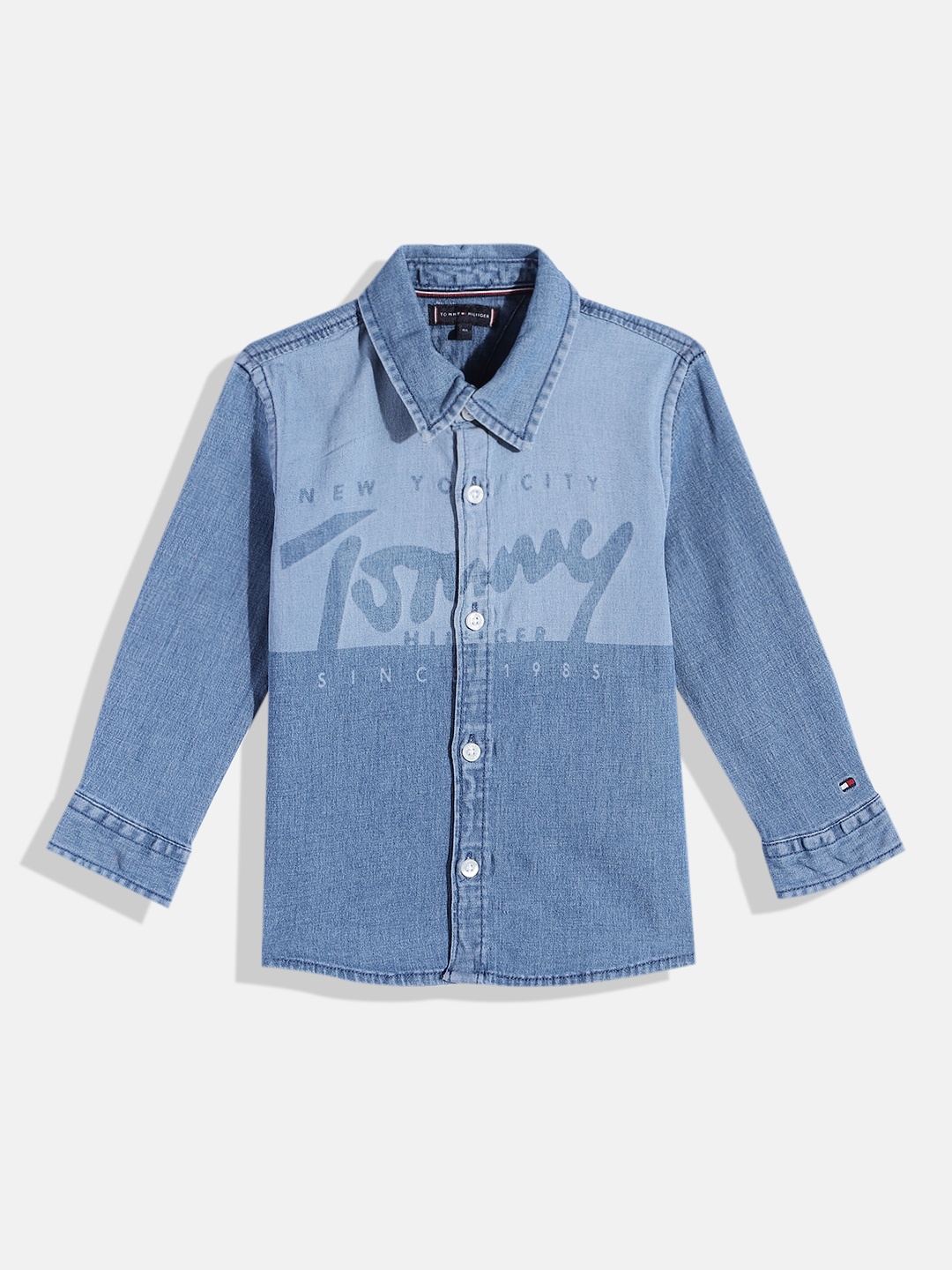 

Tommy Hilfiger Boys Brand Logo AI Lasered Print Denim Shirt, Blue