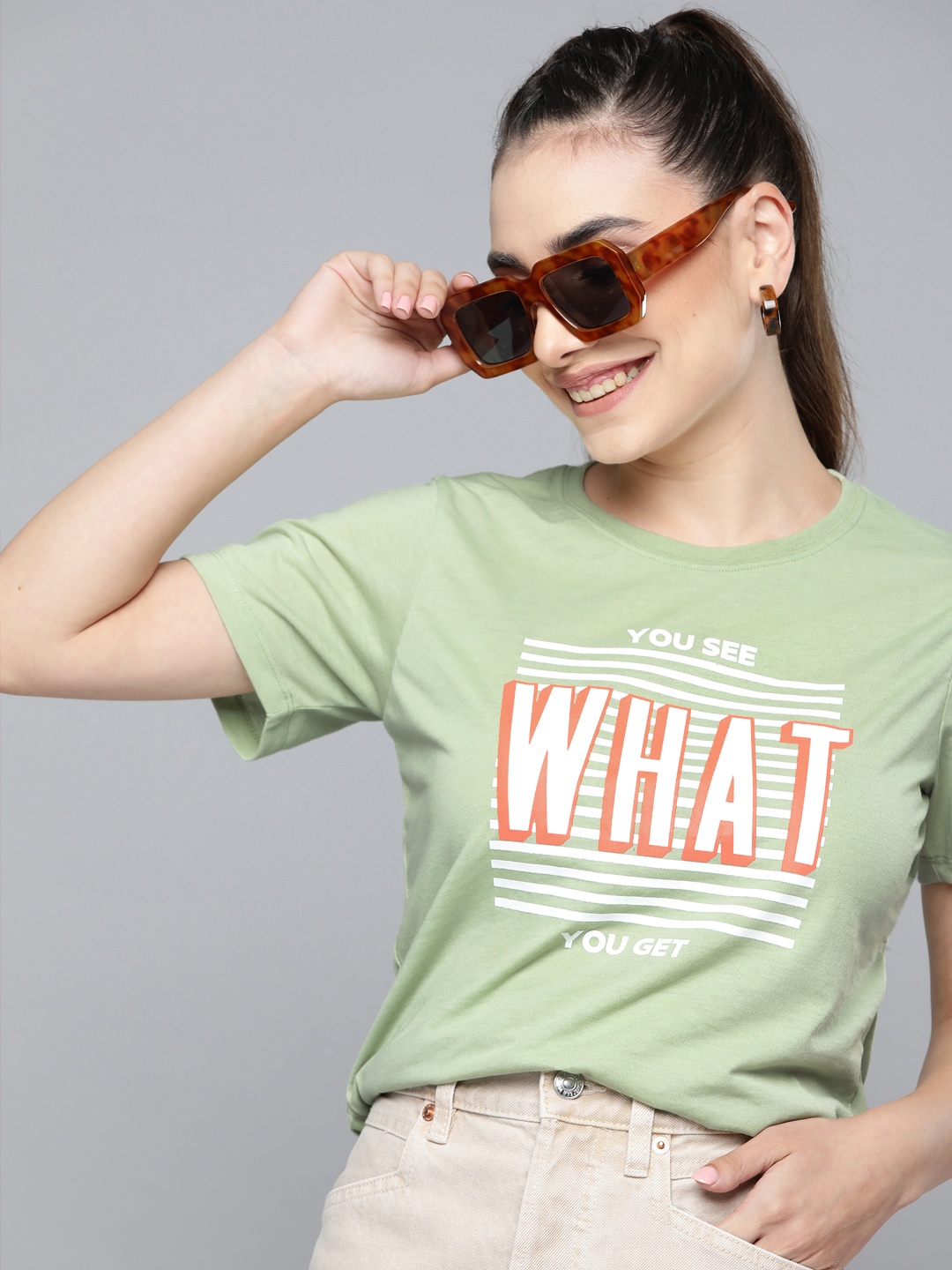 

HERE&NOW Women Green Typography Printed T-shirt