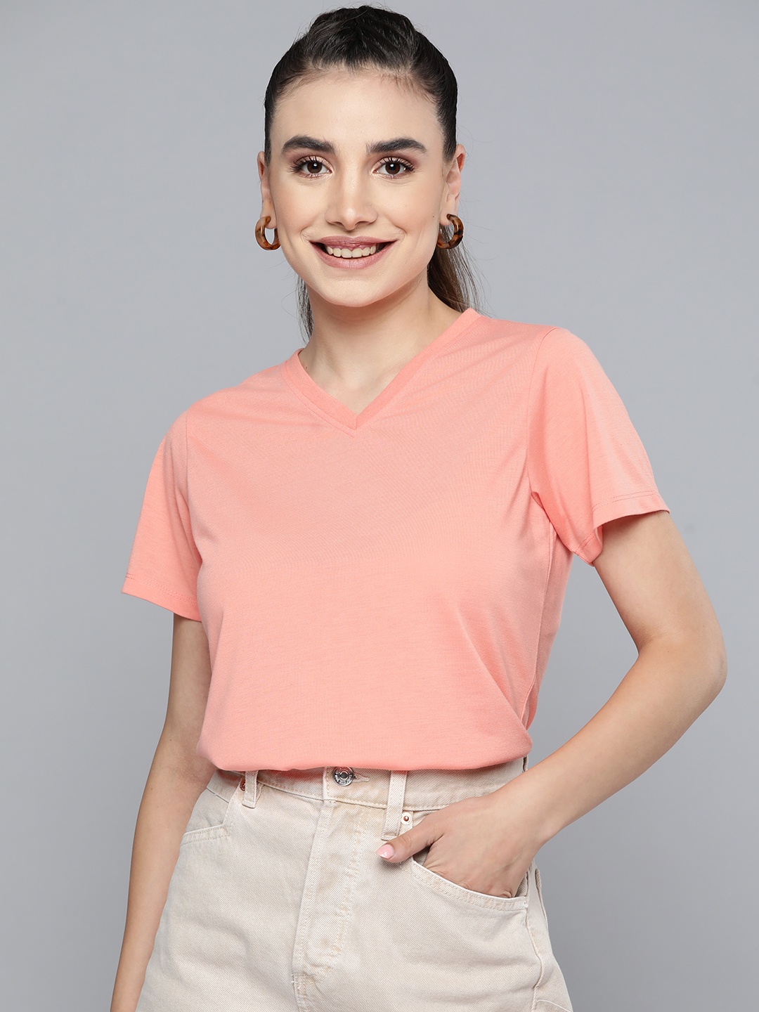 

HERE&NOW Women Peach-Coloured Solid V-Neck T-shirt