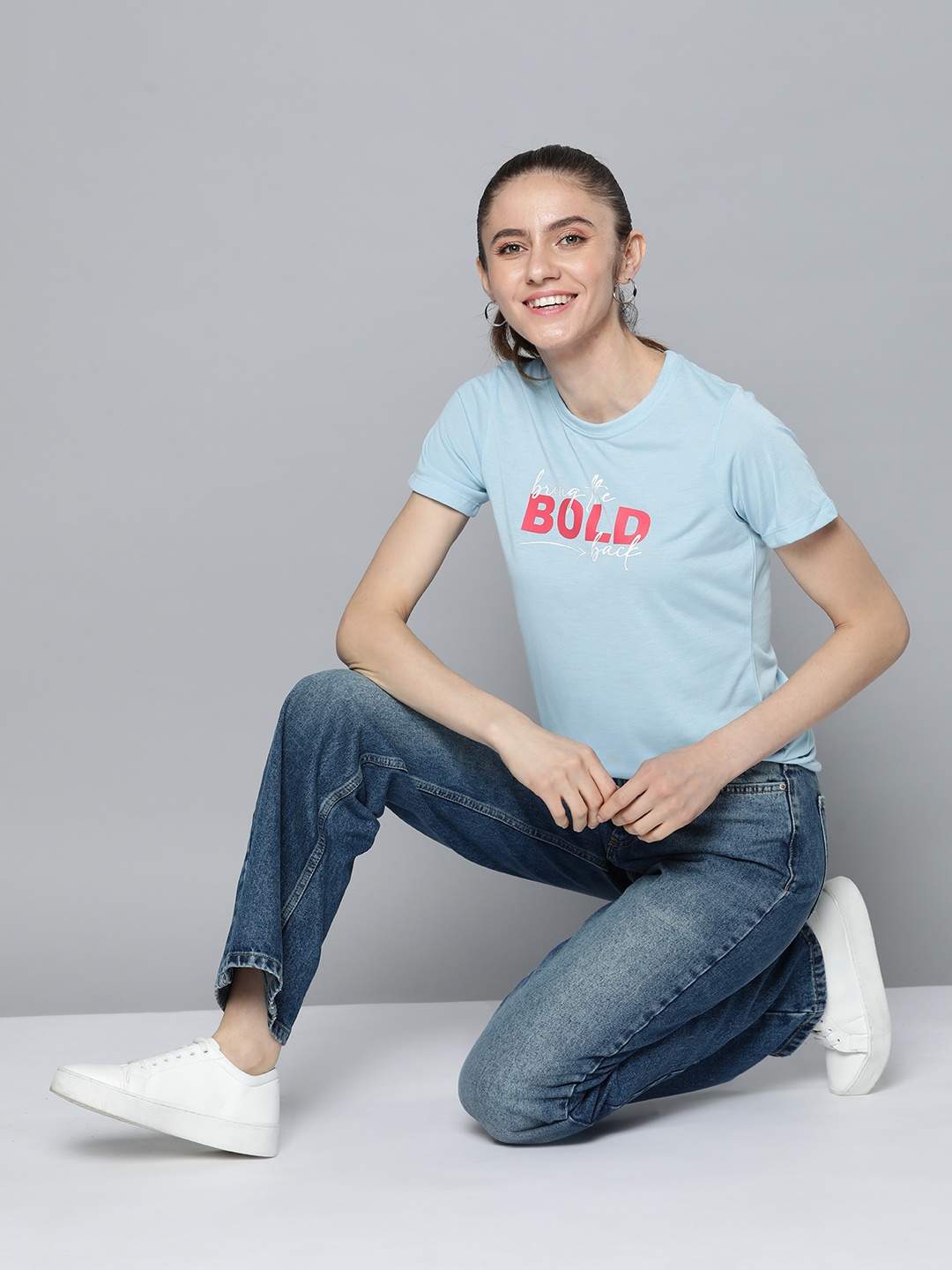

HERE&NOW Women Blue & Red Typography Printed T-shirt