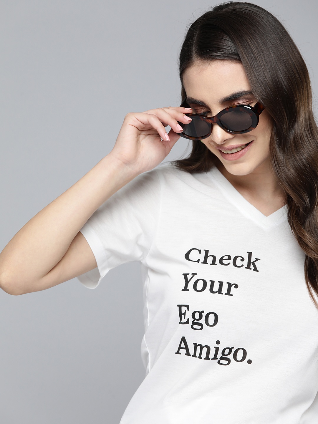 

HERE&NOW Women White & Black Typography Printed V-Neck T-shirt