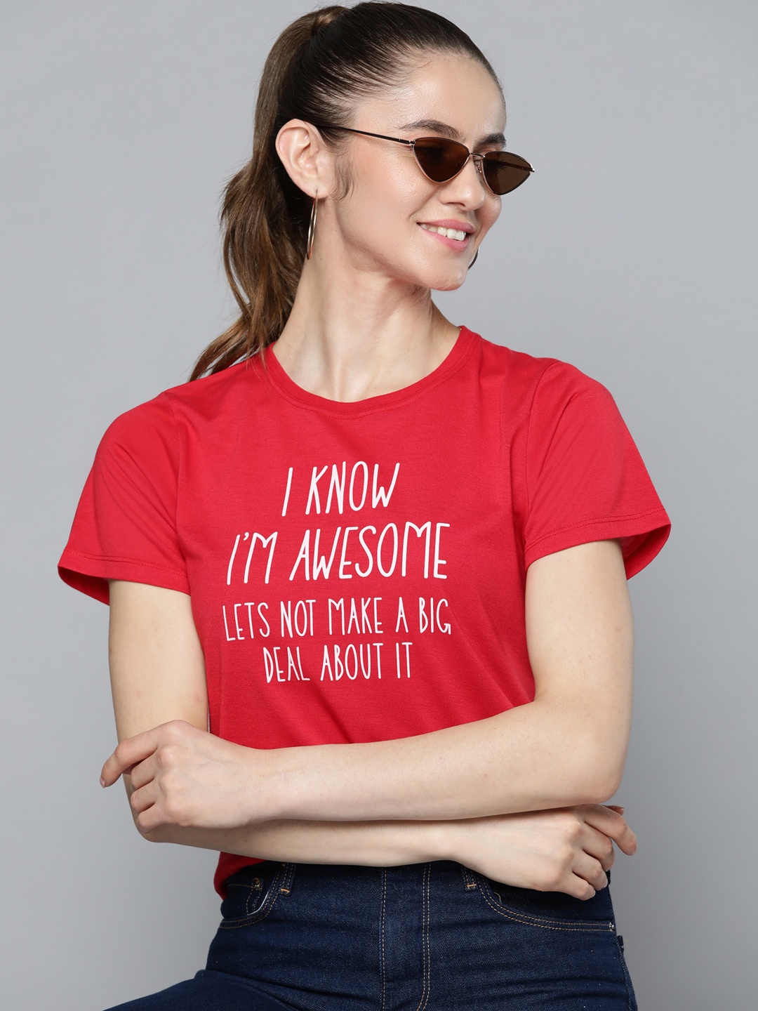 

HERE&NOW Women Red & White Typography Printed T-shirt