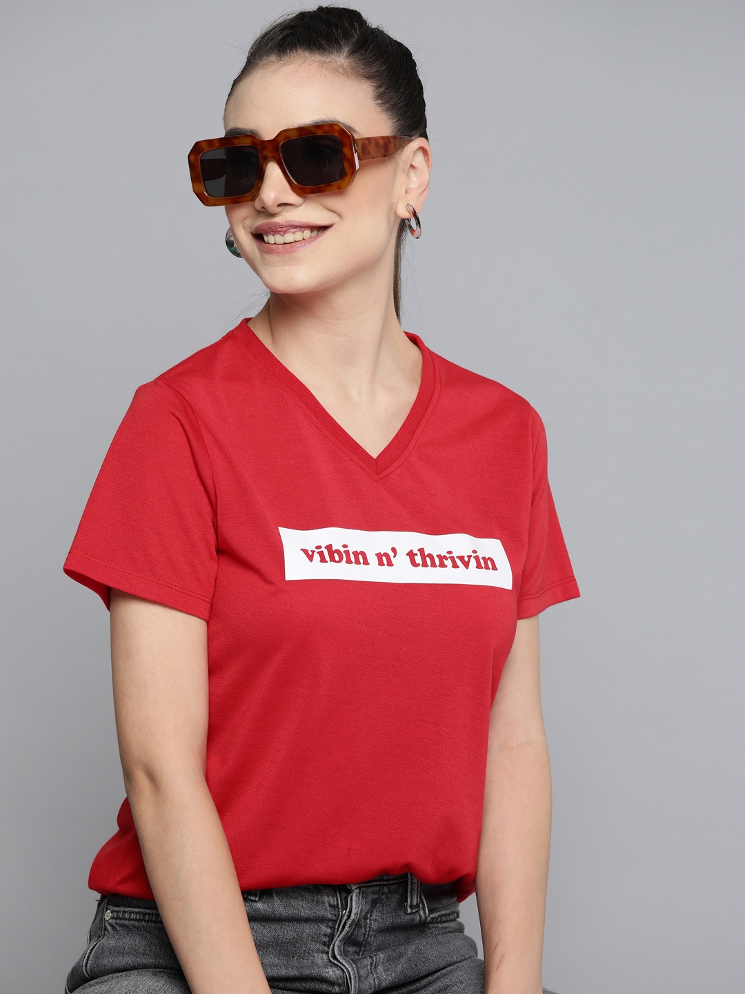 

HERE&NOW Women Red Typography Printed V-Neck T-shirt