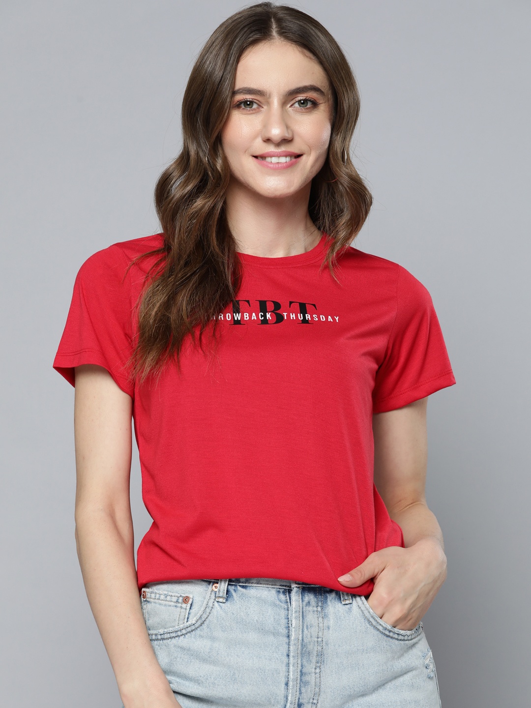 

HERE&NOW Women Red Typography Printed T-shirt
