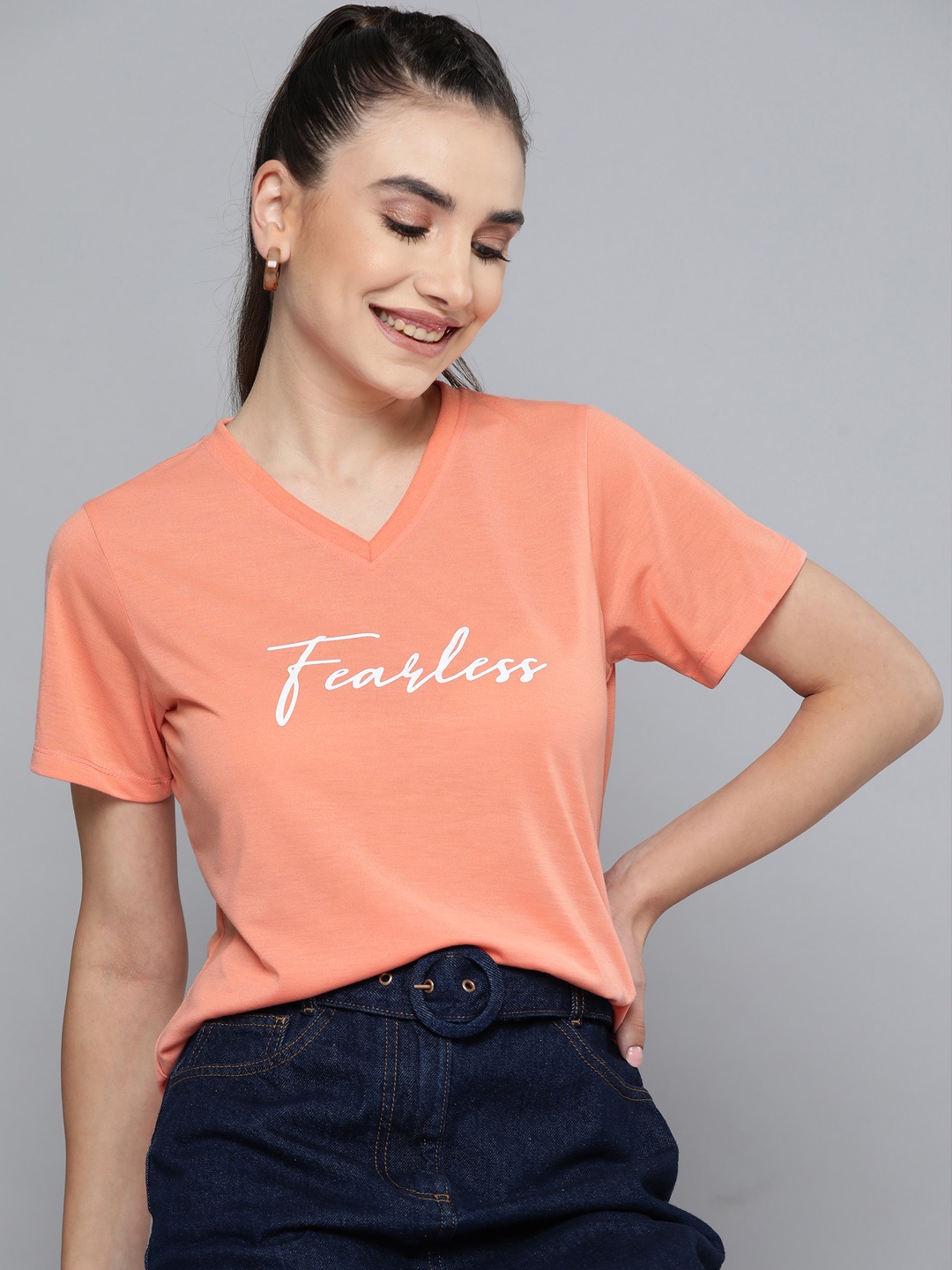 

HERE&NOW Women Peach-Coloured Typography Printed T-shirt
