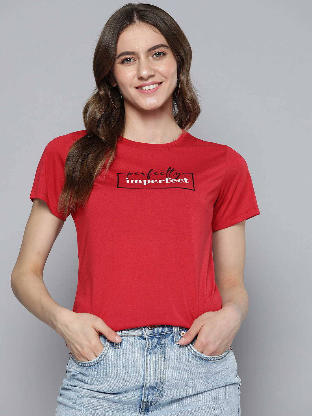 

HERE&NOW Women Red Typography Printed T-shirt