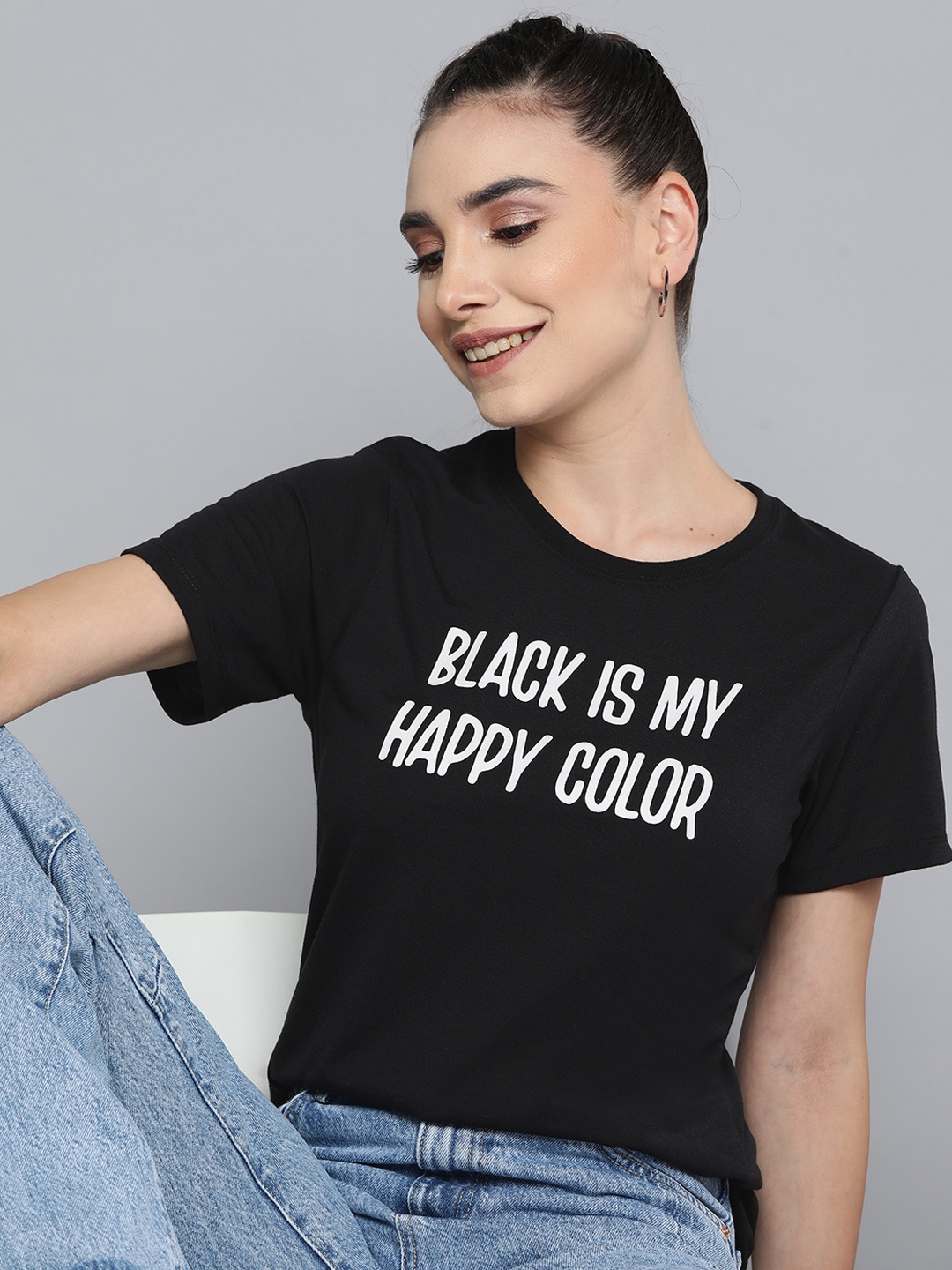 

HERE&NOW Women Black & White Typography Printed T-shirt