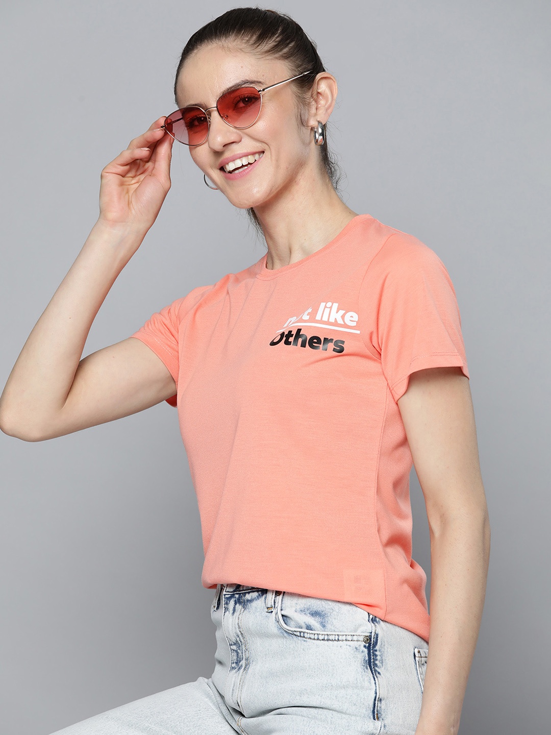 

HERE&NOW Women Peach-Coloured Typography Printed T-shirt