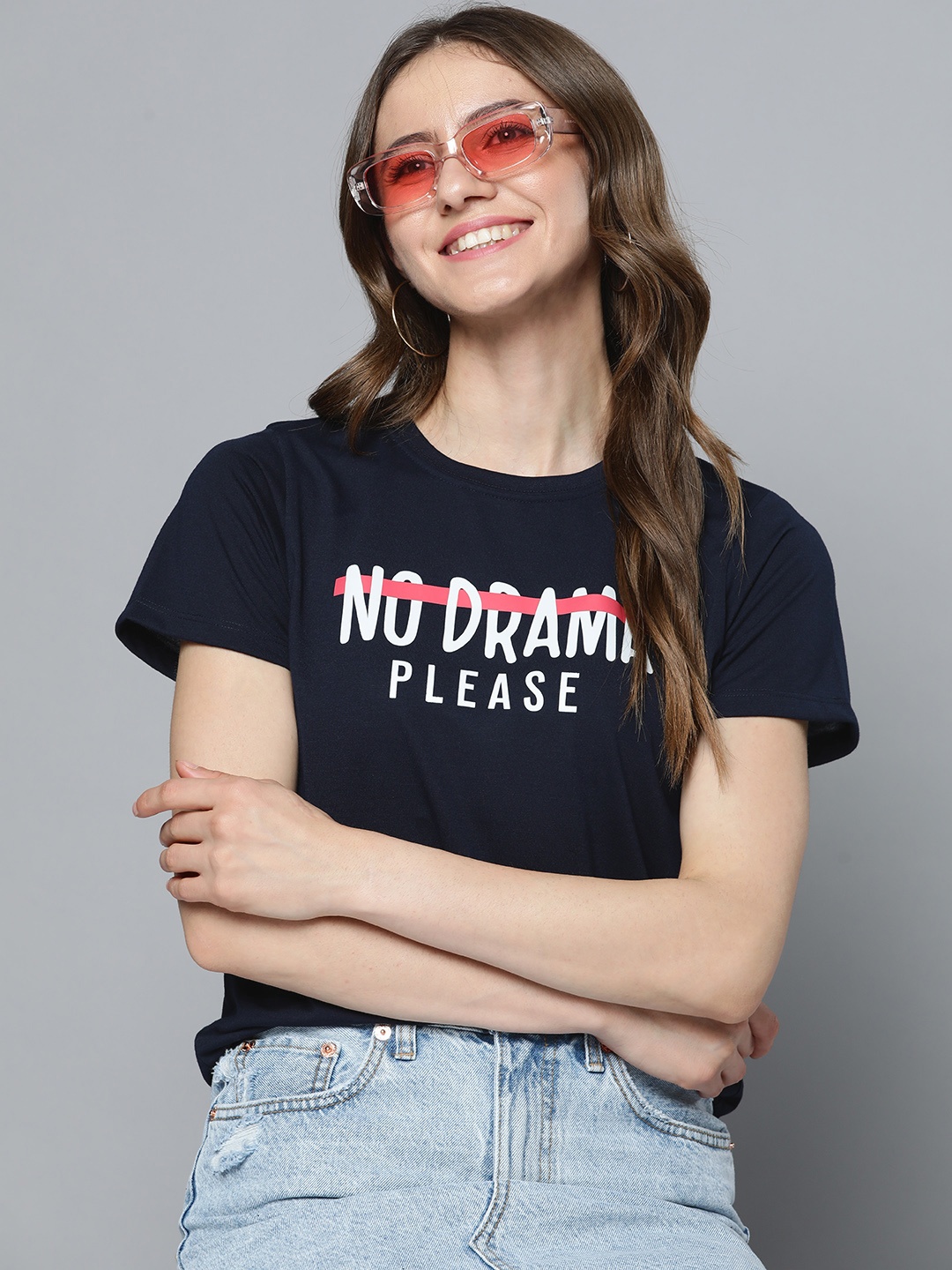 

HERE&NOW Women Navy Blue & White Typography Printed Indigo T-shirt