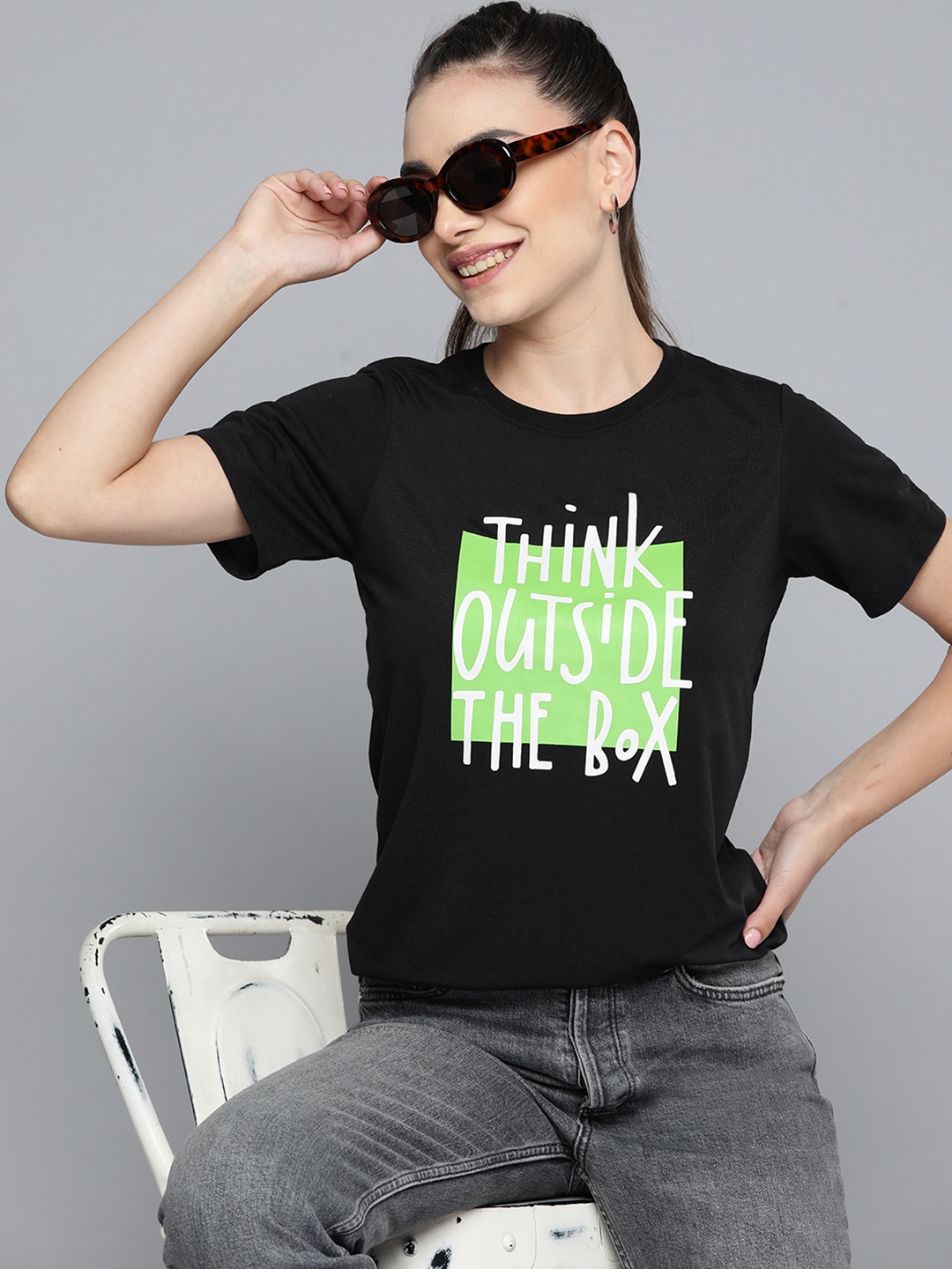 

HERE&NOW Women Black Typography Printed T-shirt