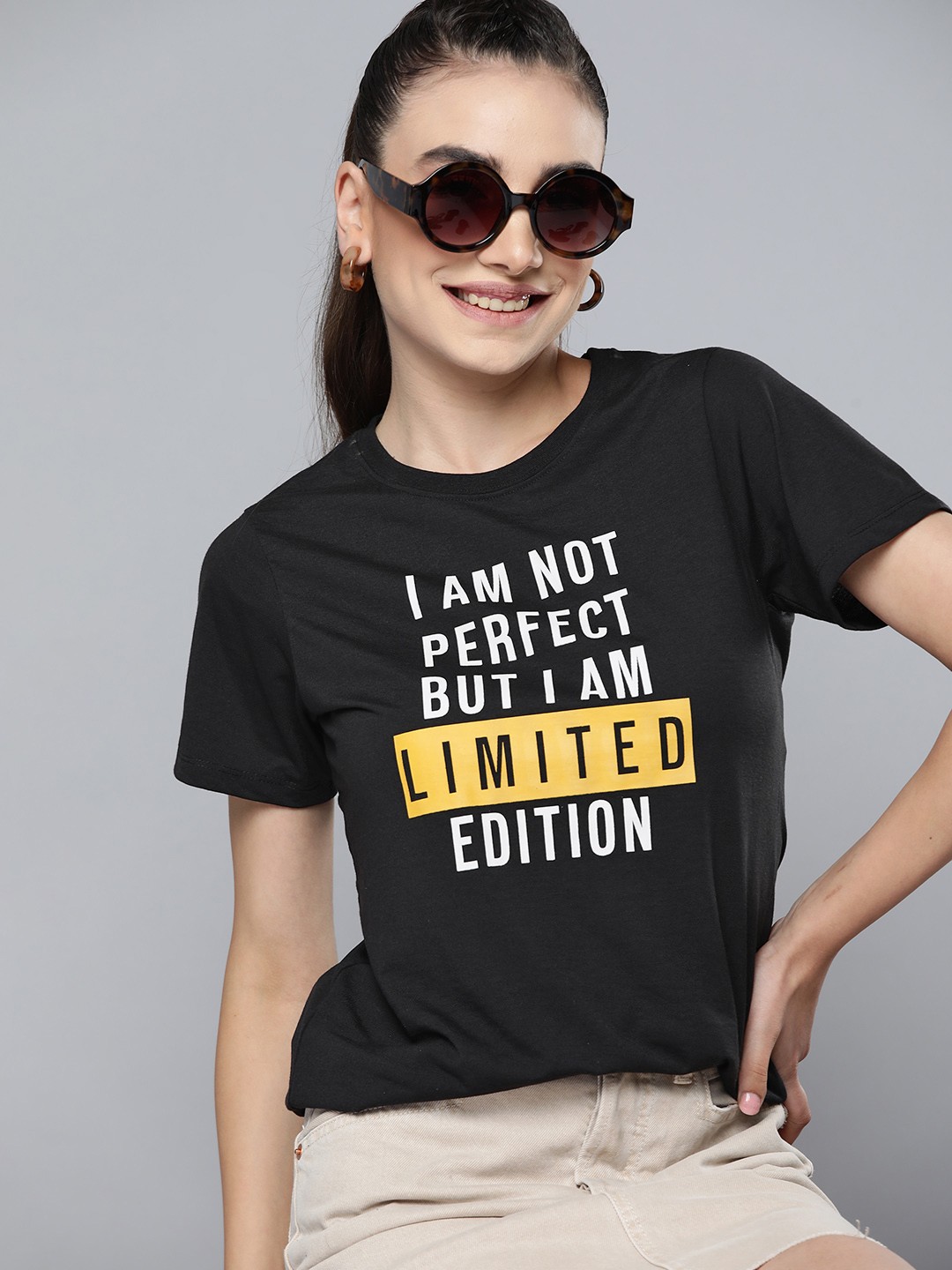 

HERE&NOW Women Black Typography Printed T-shirt