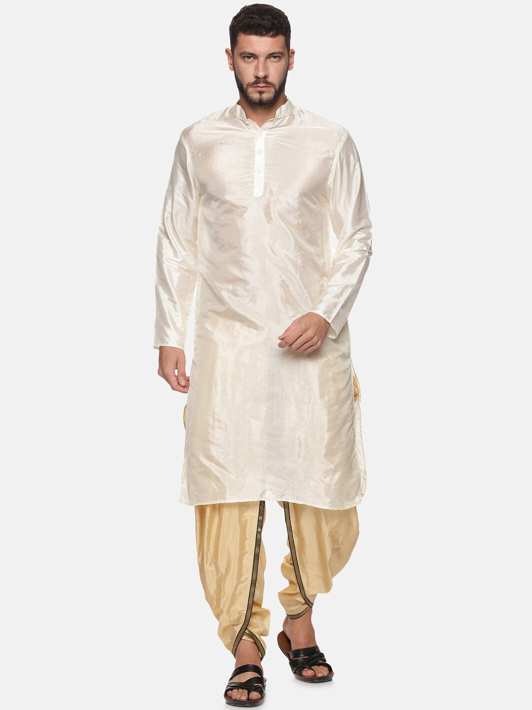 

Sethukrishna Men Cream-Coloured Striped Kurta with Dhoti Pants