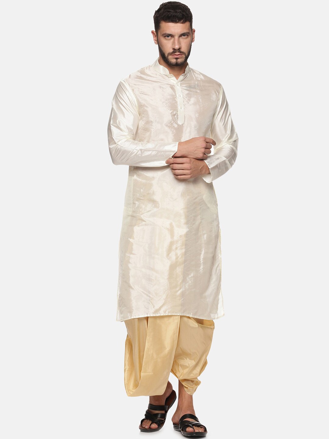 

Sethukrishna Men Cream Solid Art Silk Kurta with Dhoti Pants