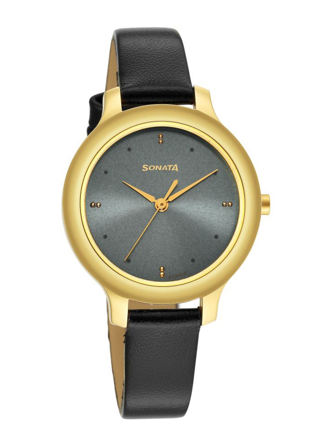 

Sonata Women Gold-Toned Brass Embellished Dial & Black Leather Straps Analogue Watch, Grey