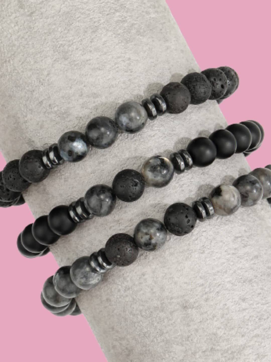 

HOT AND BOLD Men 3 Black & Grey Labradorite Tribal Bracelet