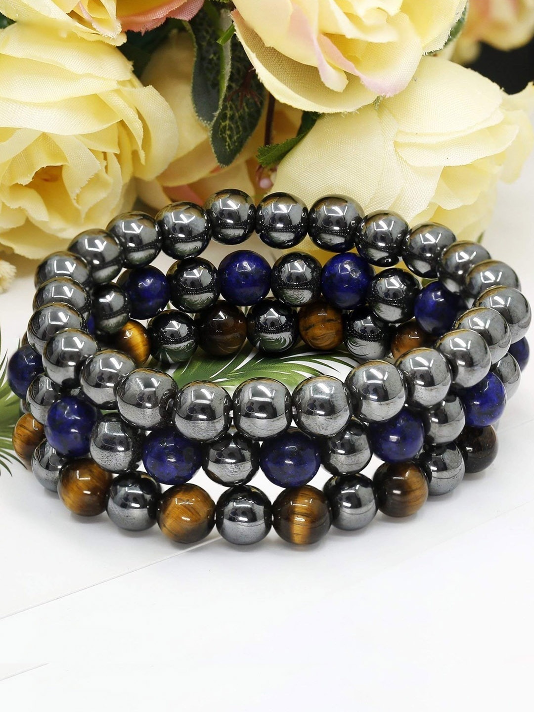 

HOT AND BOLD Men Set Of 3 Grey & Blue Beaded Bracelets