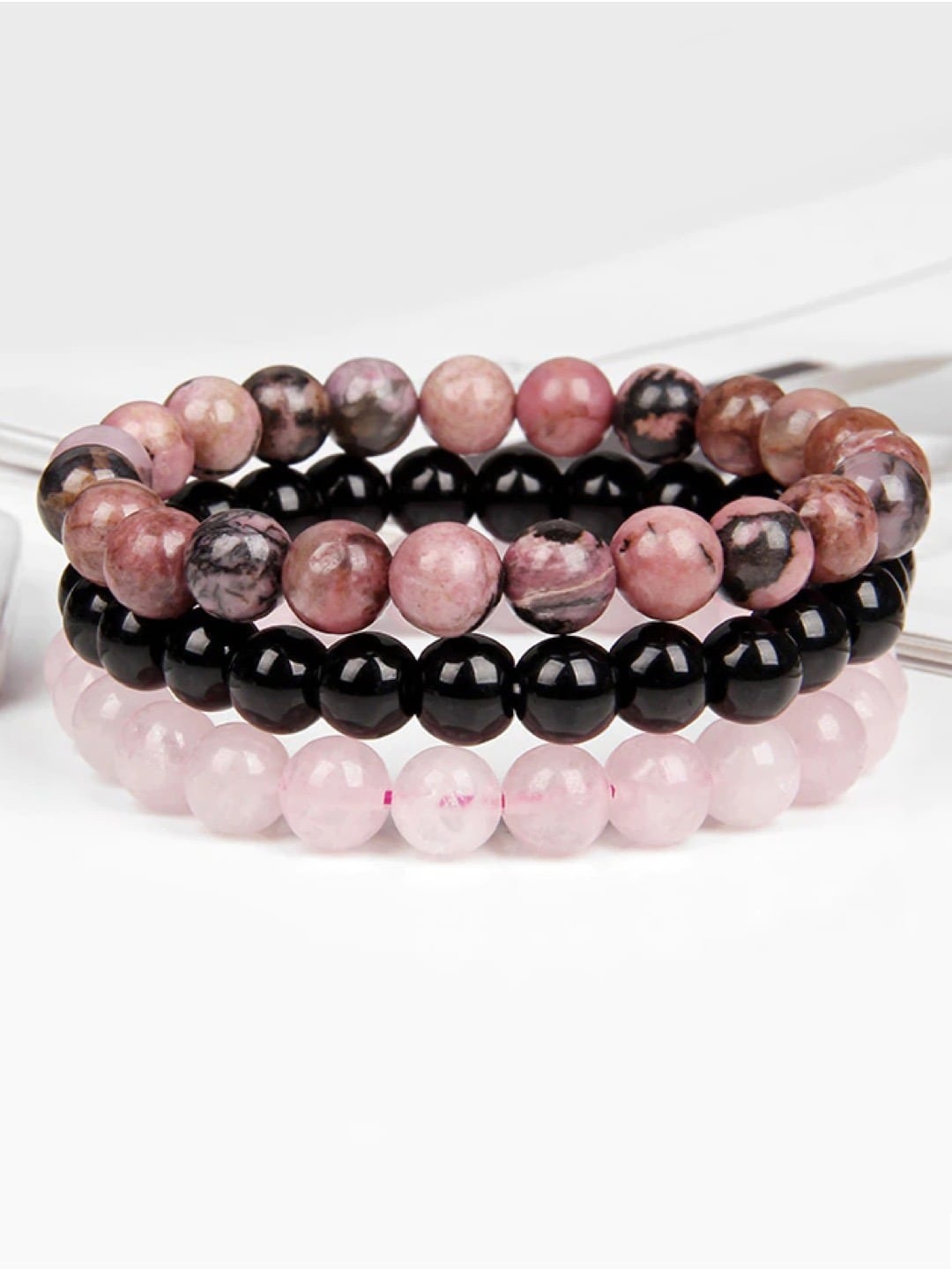 

HOT AND BOLD Men Set Of 3 Pink & Black Beaded Bracelets