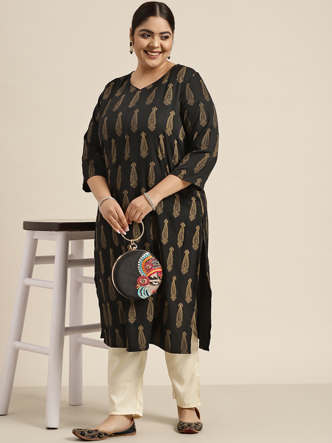 

Sztori Women Plus Size Black Ethnic Motifs Printed Kurta