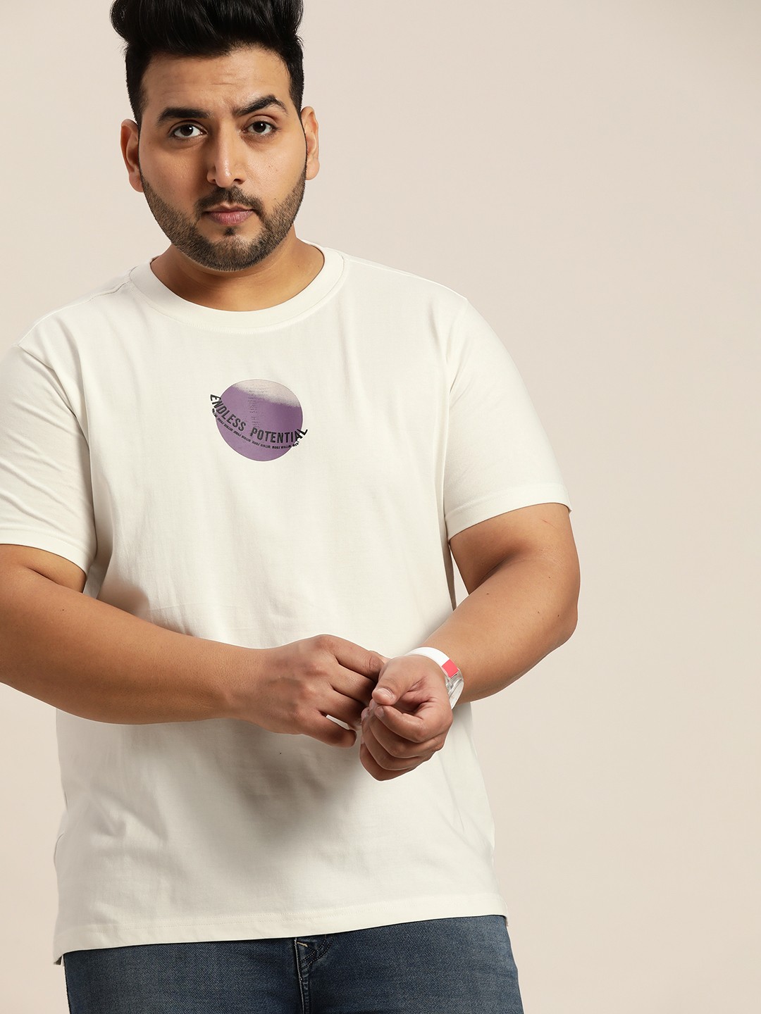 

Sztori Men Plus Size Off White & Purple Pure Cotton Graphic Printed T-shirt