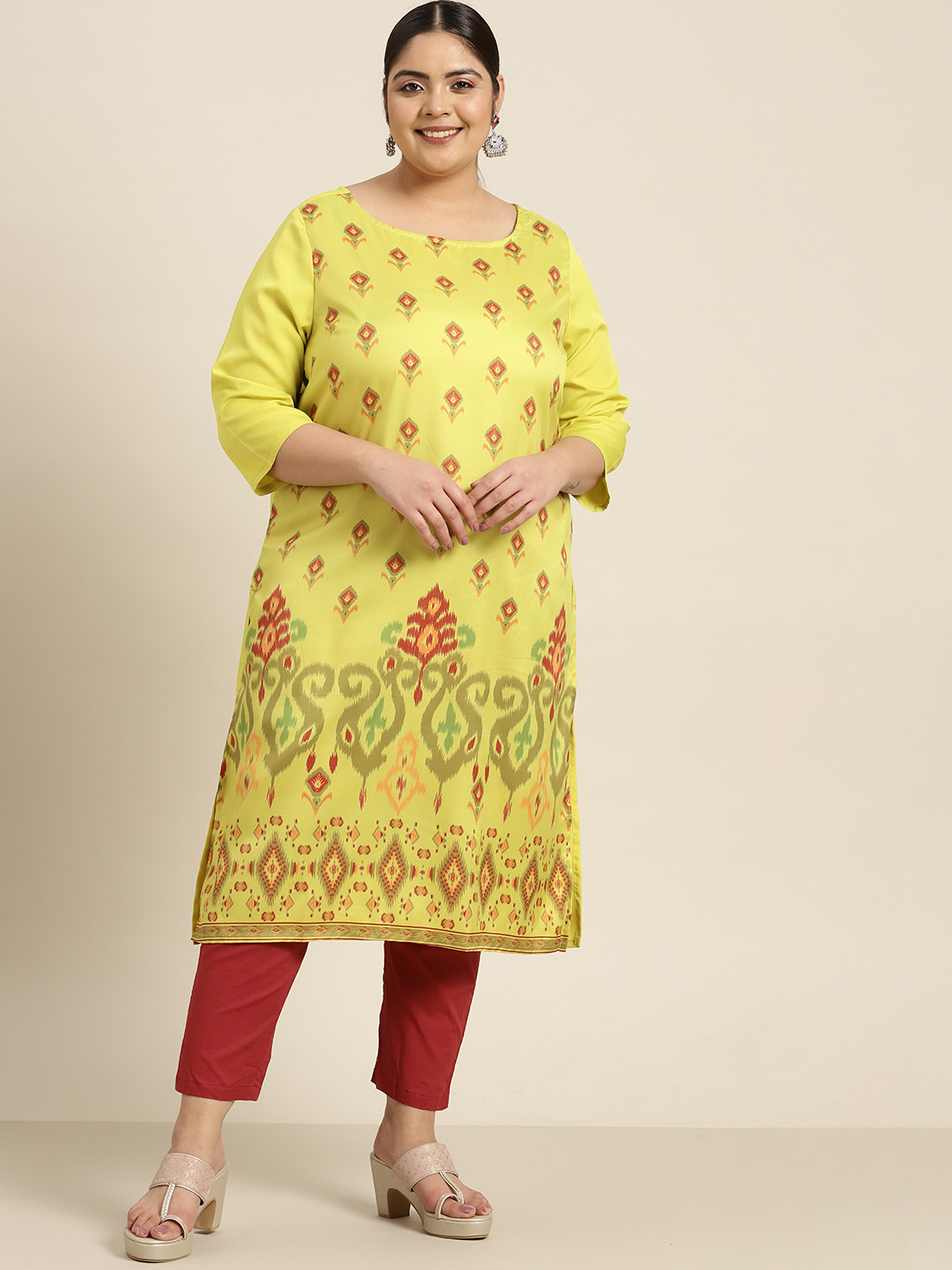 

Sztori Women Plus Size Ikat Printed Kurta, Lime green