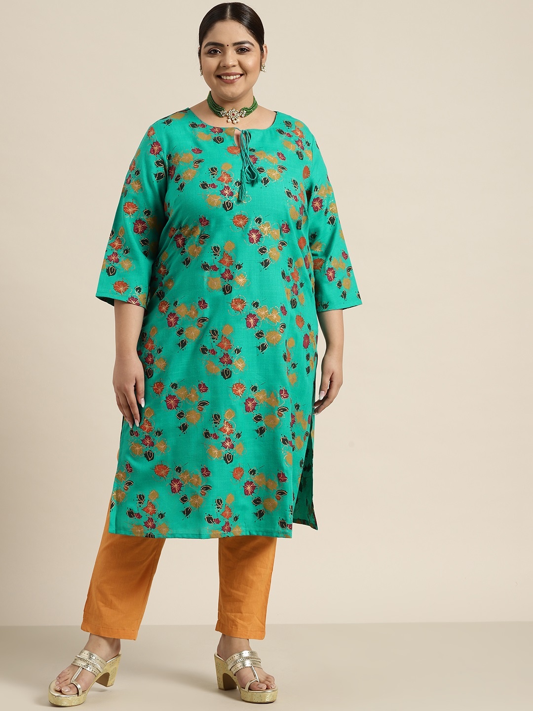 

Sztori Women Plus Size Sea Green Floral Printed Floral Kurta