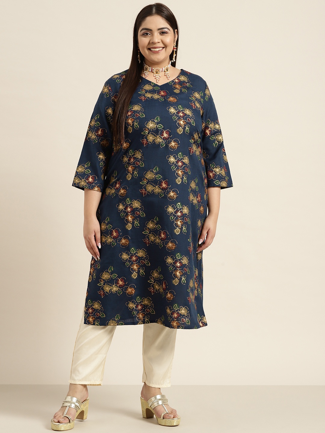 

Sztori Women Plus Size Navy Blue & Olive Green Floral Printed Kurta