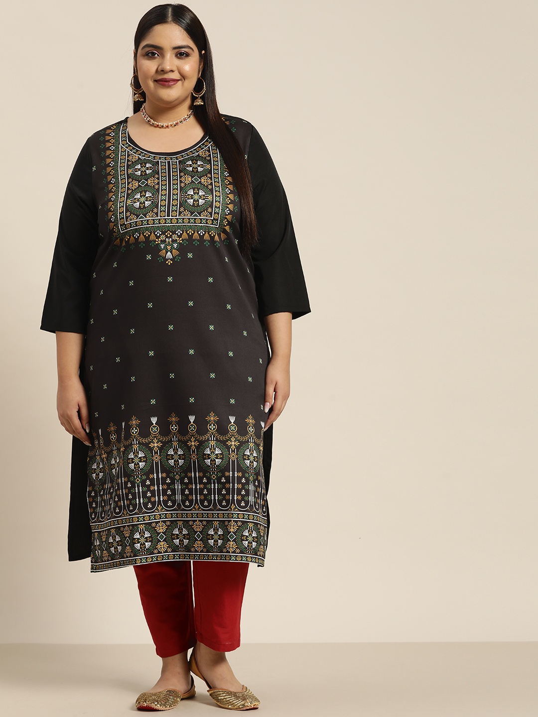 

Sztori Women Plus Size Black & Green Floral Printed Kurta