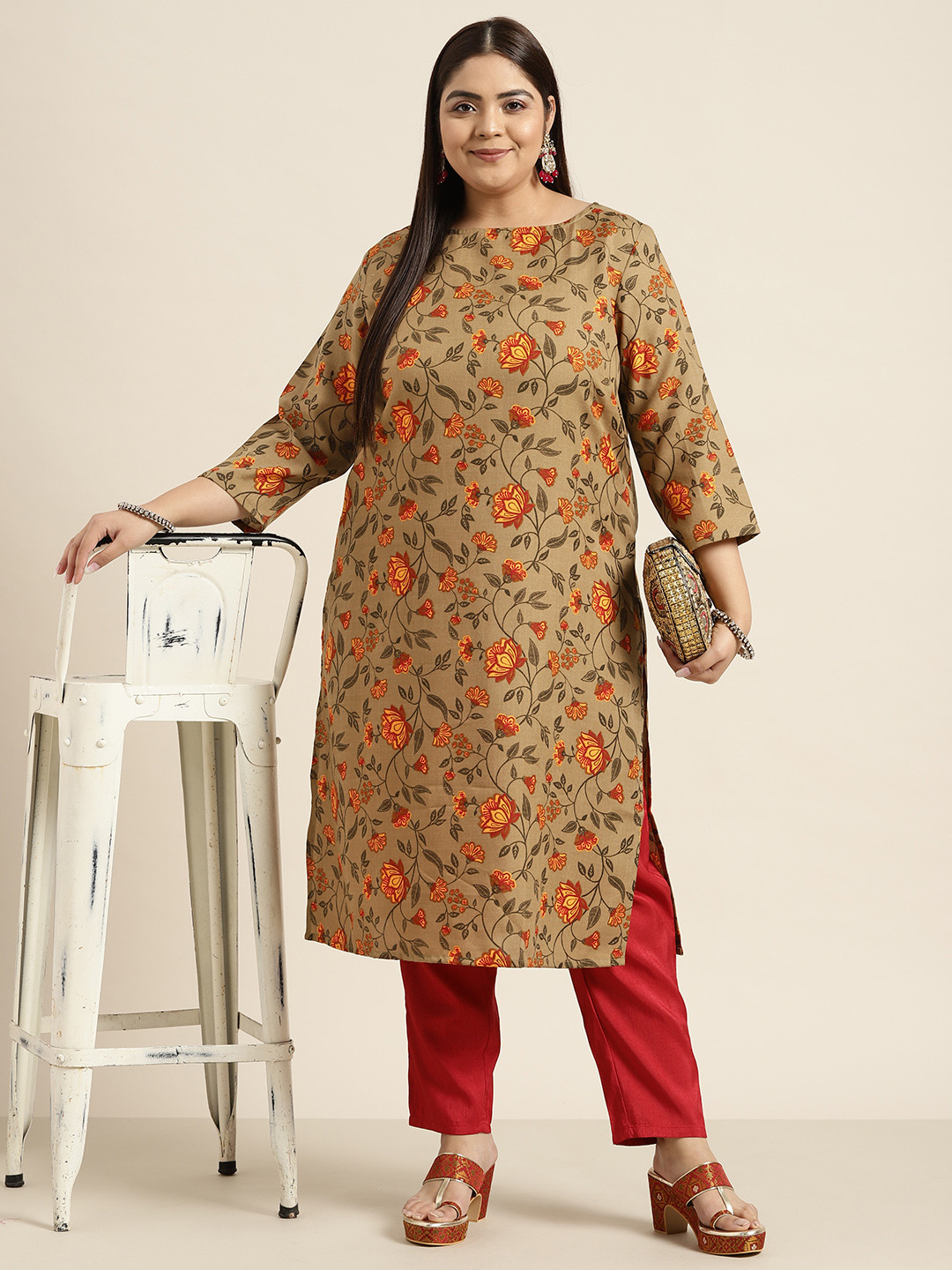 

Sztori Women Plus Size Olive Green & Mustard Yellow Ethnic Motifs Printed Kurta