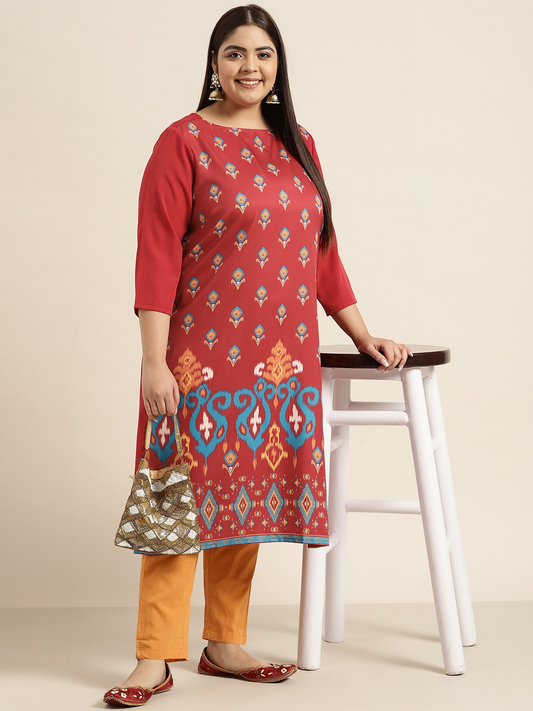 

Sztori Women Plus Size Maroon & Blue Ethnic Motifs Printed Kurta