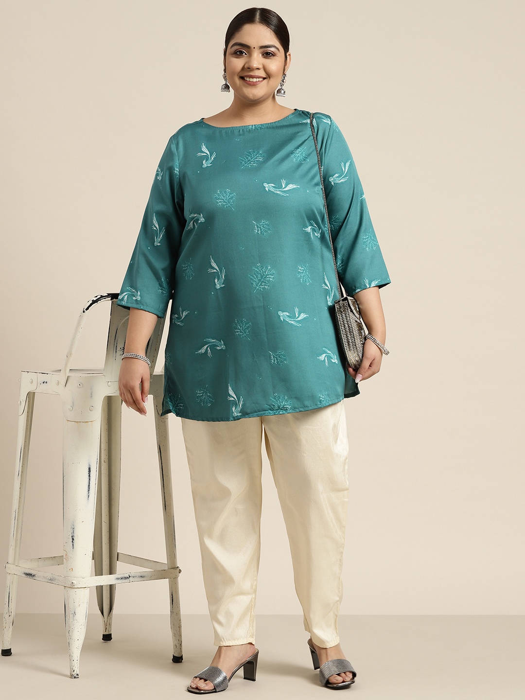 

Sztori Plus Size Teal Green Floral Print Kurti