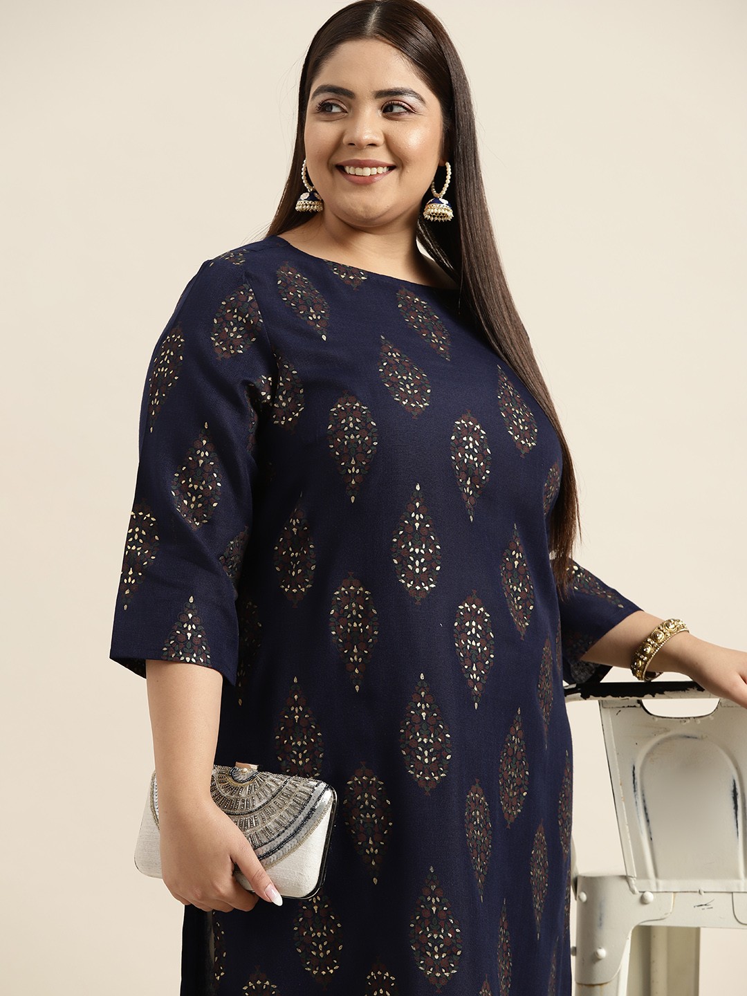

Sztori Women Plus Size Navy Blue & Brown Ethnic Motifs Printed Kurta