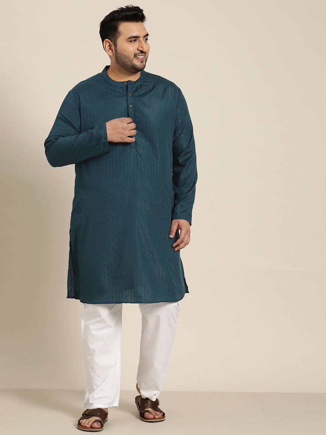 

Sztori Men Plus Size Teal Blue Self-Striped Kurta