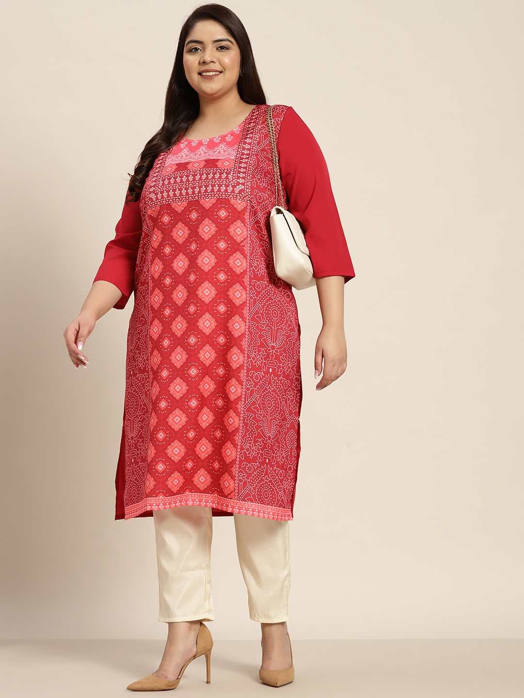 

Sztori Women Plus Size Red & Pink Ethnic Motifs Printed Kurta