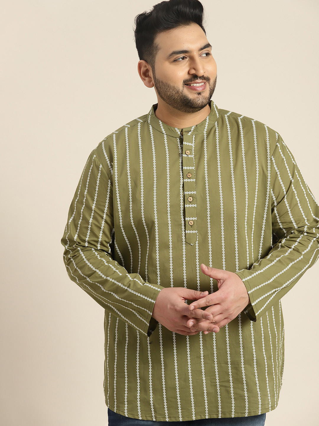 

Sztori Plus Size Cotton Striped Kurta, Olive