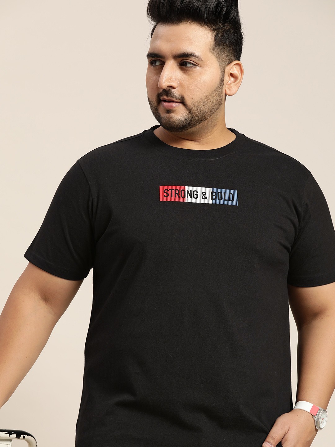 

Sztori Men Plus Size Black & Red Pure Cotton Typography Emboss Printed T-shirt