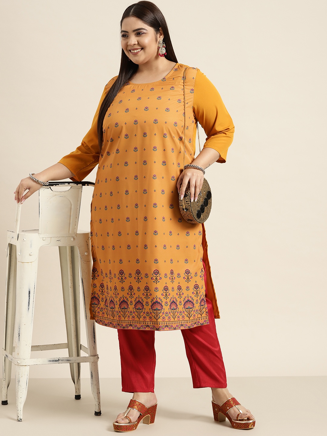 

Sztori Women Plus Size Mustard Yellow & Blue Ethnic Motifs Printed Kurta