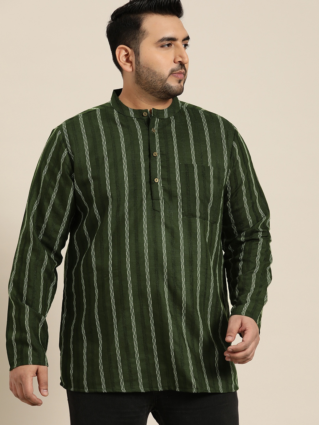 

Sztori Men Plus Size Green & White Striped Kurta
