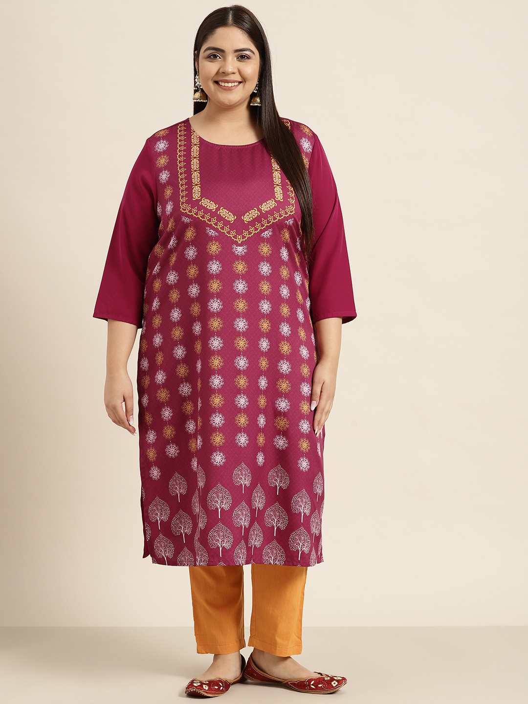 

Sztori Women Plus Size Magenta Pink & Yellow Ethnic Motifs Printed Kurta