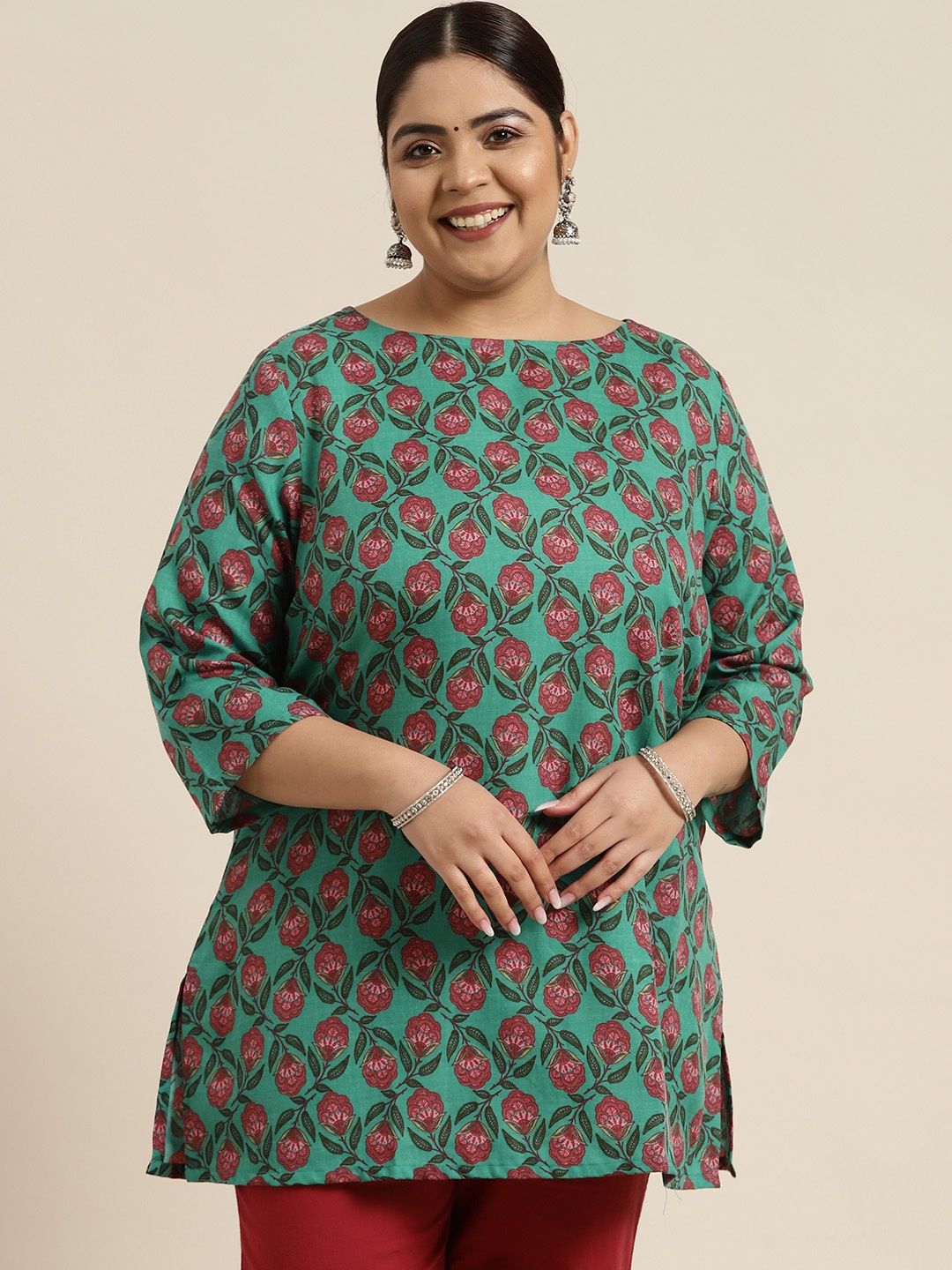 

Sztori Plus Size Green & Maroon Floral Print Kurti