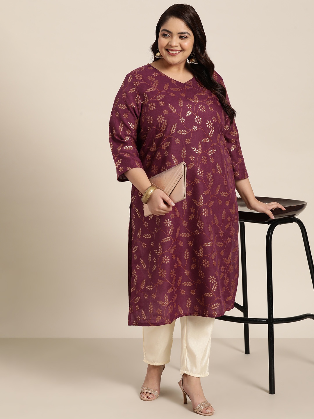 

Sztori Women Plus Size Burgundy & Golden Ethnic Motifs Printed Kurta