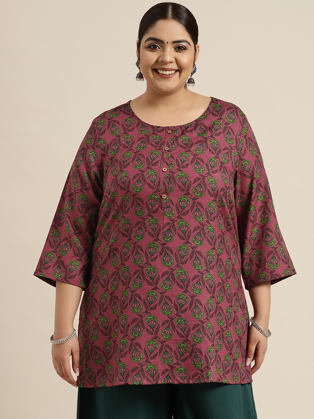 

Sztori Plus Size Pink & Green Floral Print Kurti